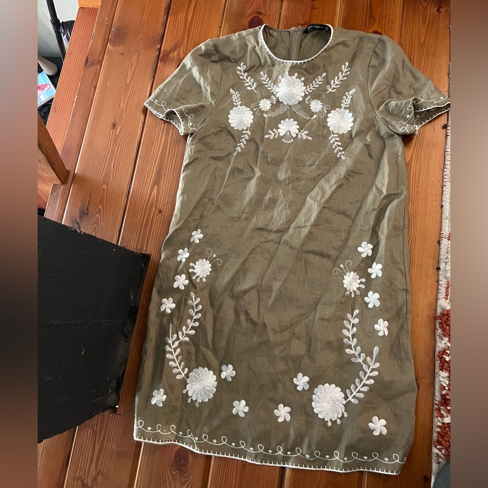 Zara Olive Dress with White Floral Embroidery